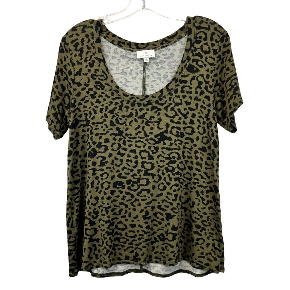 Socialite Womens Scoop Neck Short Sleeve Top Green/Black Leopard Print Small